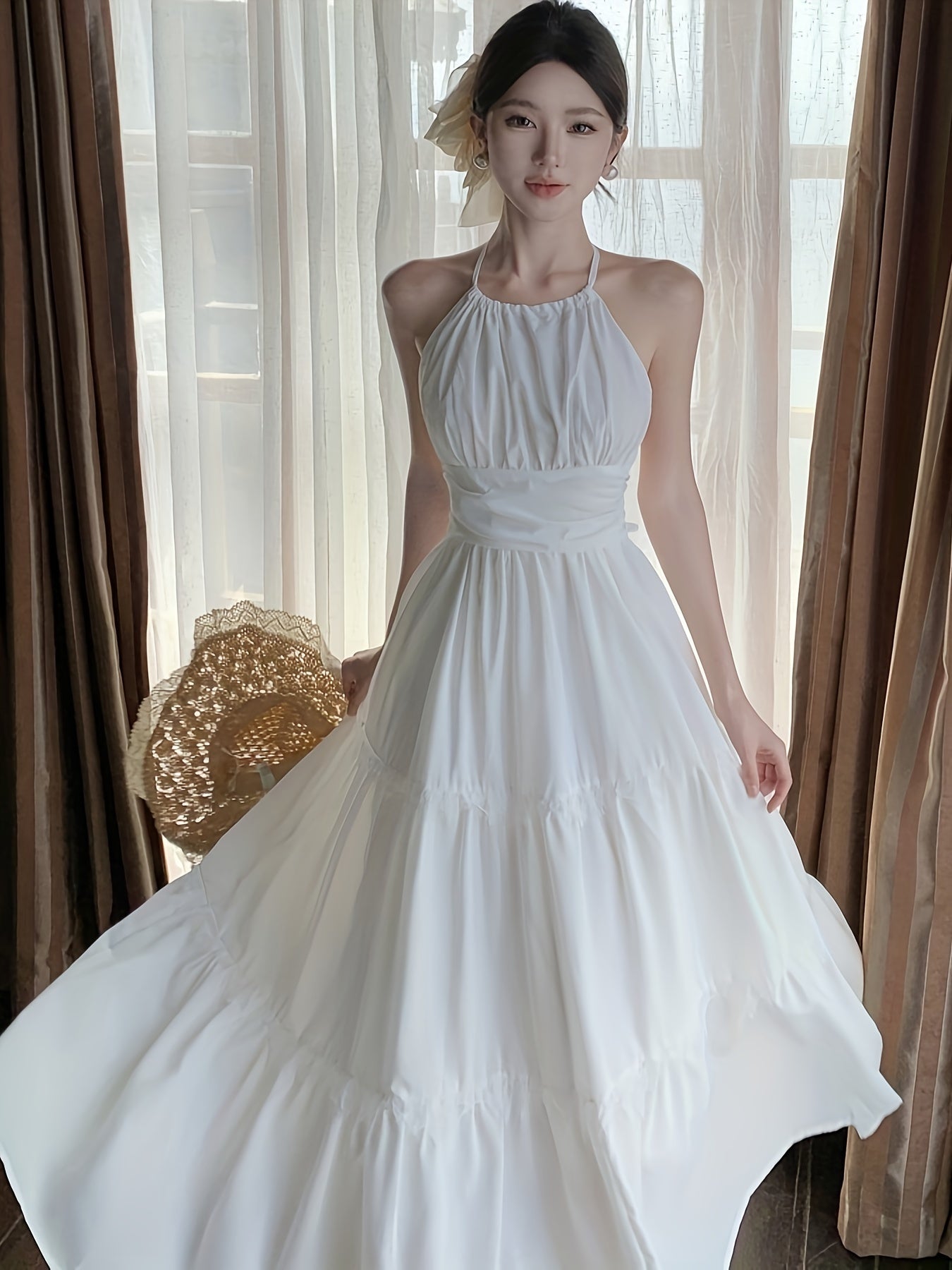 BXOXO Elegant Off-Shoulder Halter Neck Backless Long Dress with Lace Detail - Sleeveless, Tiered Skirt Design for Women, Perfect for Summer Beach Vacations, Beach Vacation Dress | Halter Neck Gown | Lace Detailing