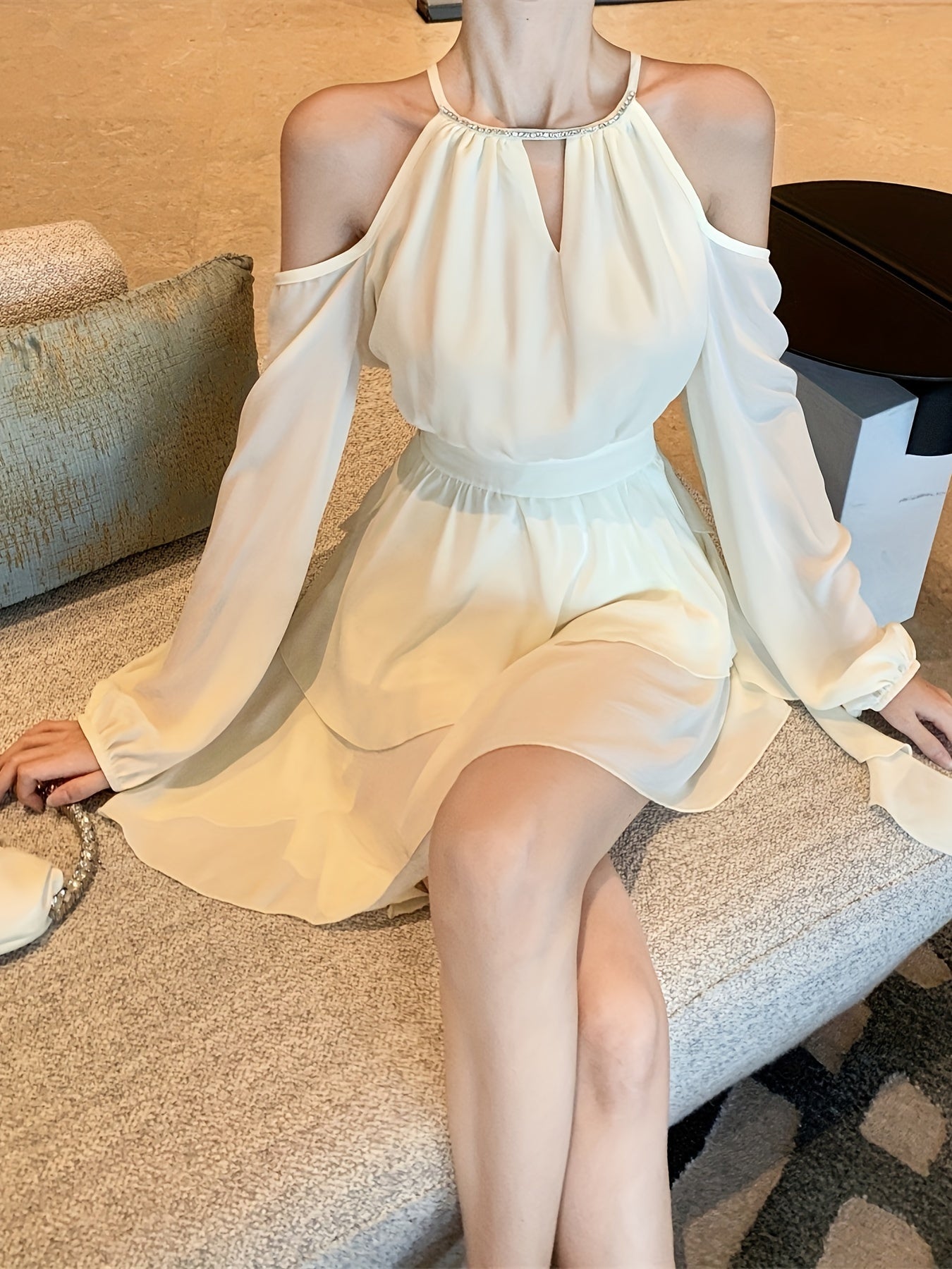 BXOXO [Elegant Off-Shoulder Dress] Elegant Off-Shoulder Ruffle Dress - Semi-Sheer, High Waist, Pleated Skirt, Polyester - Spring/Fall Fashion, Princess Sleeve