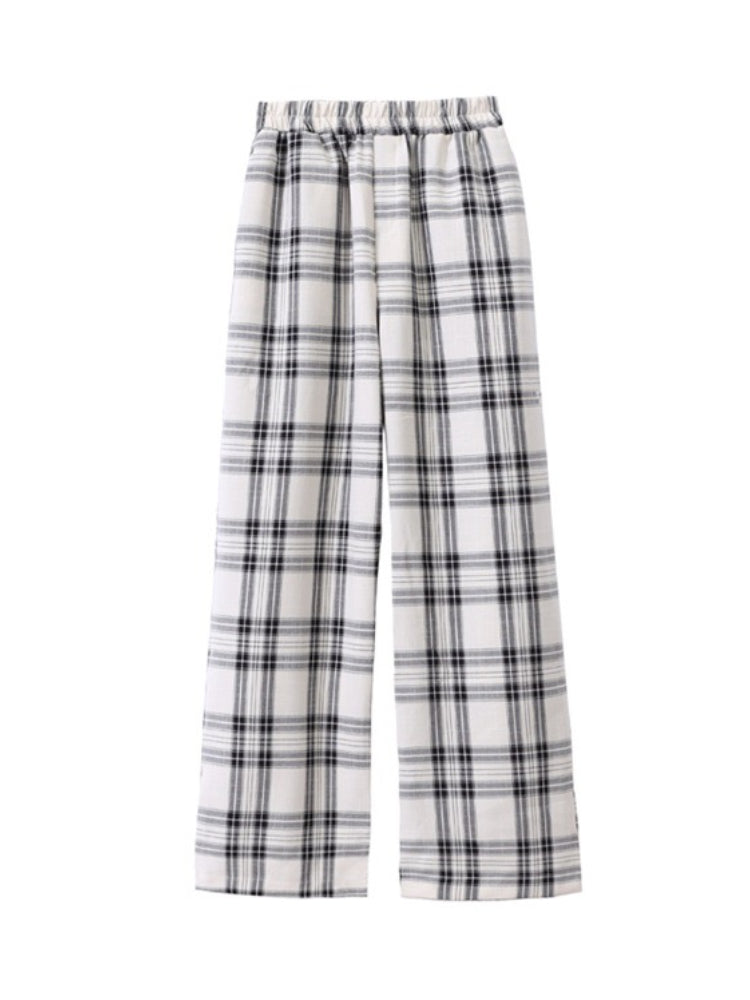 BXOXO Harajuku Plaid Pants Women Casual Wide Vintage Korean Style White Checked Trouser Thin Home Pants Chic Female Streetwear