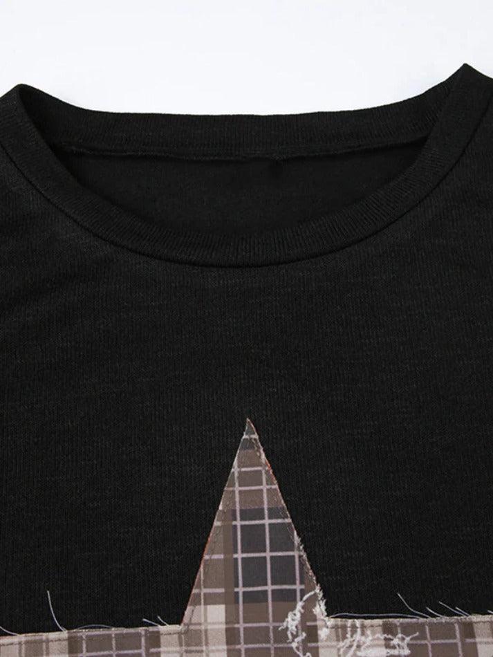 Vintage Plaid Star Patch Crew Neck Long Sleeve Knit