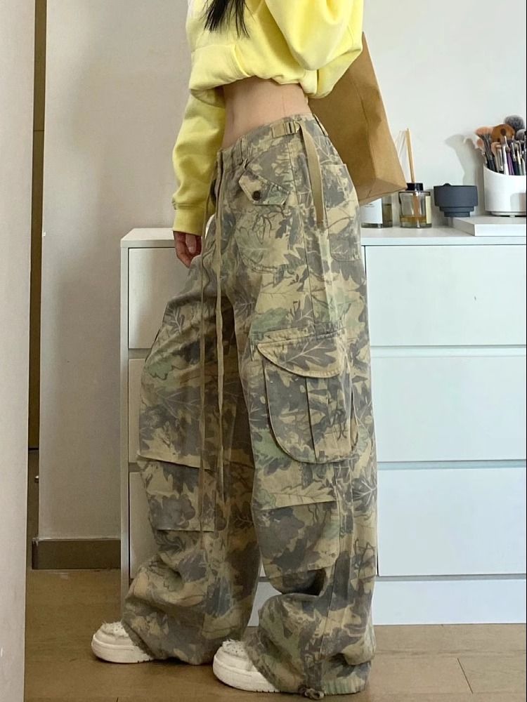 BXOXO Vintage Y2k Camouflage Cargo Pants Women Hip Hop Style Wide Leg Camo Pants Tie-dye Streetwear Grunge Aesthetic 90s Pants