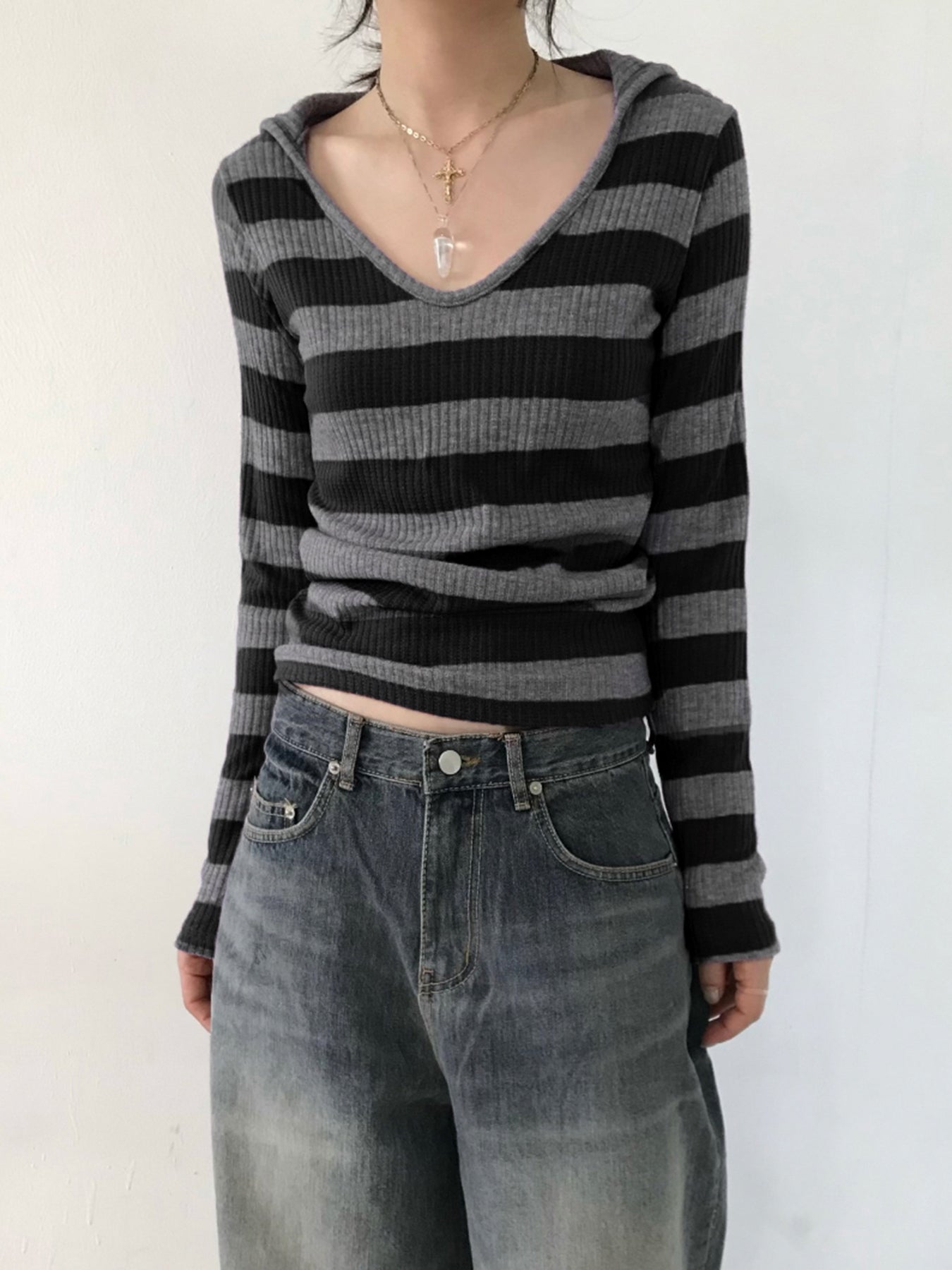 BXOXO - summer inspo Black Dark Gray Stripe Hooded T-Shirt Women V Neck Slim Long Sleeve Basic Spring Autumn Ribbed Top Preppy Streetwear Tee