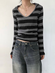 BXOXO - summer inspo Black Dark Gray Stripe Hooded T-Shirt Women V Neck Slim Long Sleeve Basic Spring Autumn Ribbed Top Preppy Streetwear Tee
