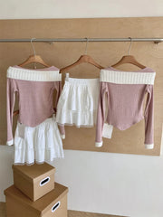 BXOXO Autumn Winter Women Korean Fashion Ballet Core Girl Outfits 2 Piece Set Long Sleeve Sweet Bow Crop Tops + Mini Skirt Coquette