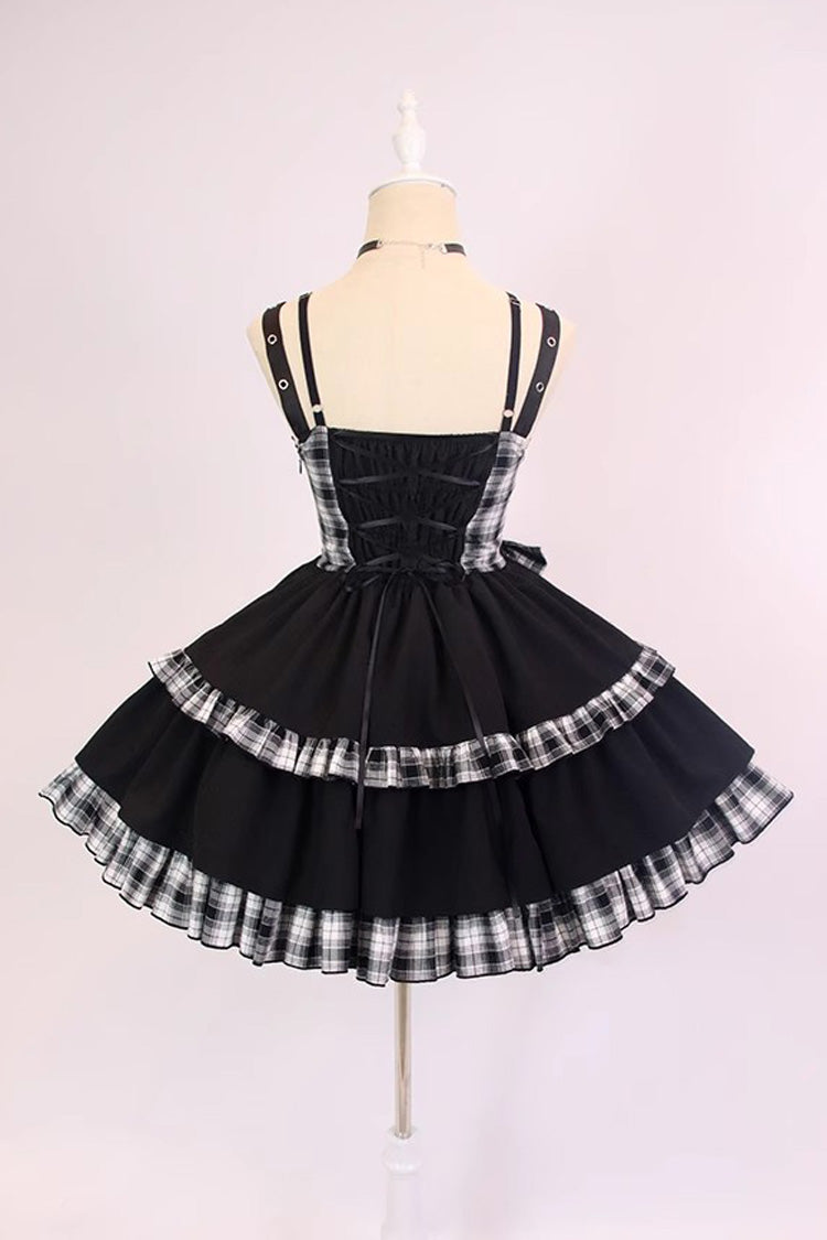 BXOXO - Black/White Plaid Print Color Contrast Leather Buckle Bowknot Ruffle Gothic Lolita JSK Dress
