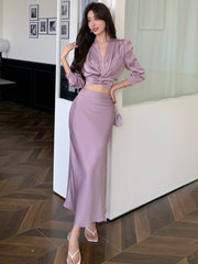 BXOXO party look inspos Autumn Korean Solid 2 Pieces Set Women Elegant V-Neck Long Sleeve Pleated Shirt Tops and High Waist A-Line Mermaid Skirt Suits