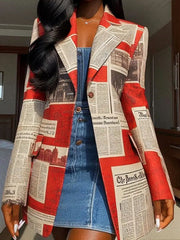 BXOXO Long Sleeves Loose Buttoned Newspaper Print Pockets Split-Joint Notched Collar Blazer Outerwear