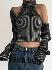 Striped Cutout Backless Tank Top Smock Long Sleeve Knit