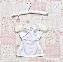 BXOXO Aesthetic Y2k Crop Top 2000s Vintage Women T shirt Bow Sweet Harajuku Cute Girl Slim Camis Fur Kawaii Grunge Clothes Tank Tops