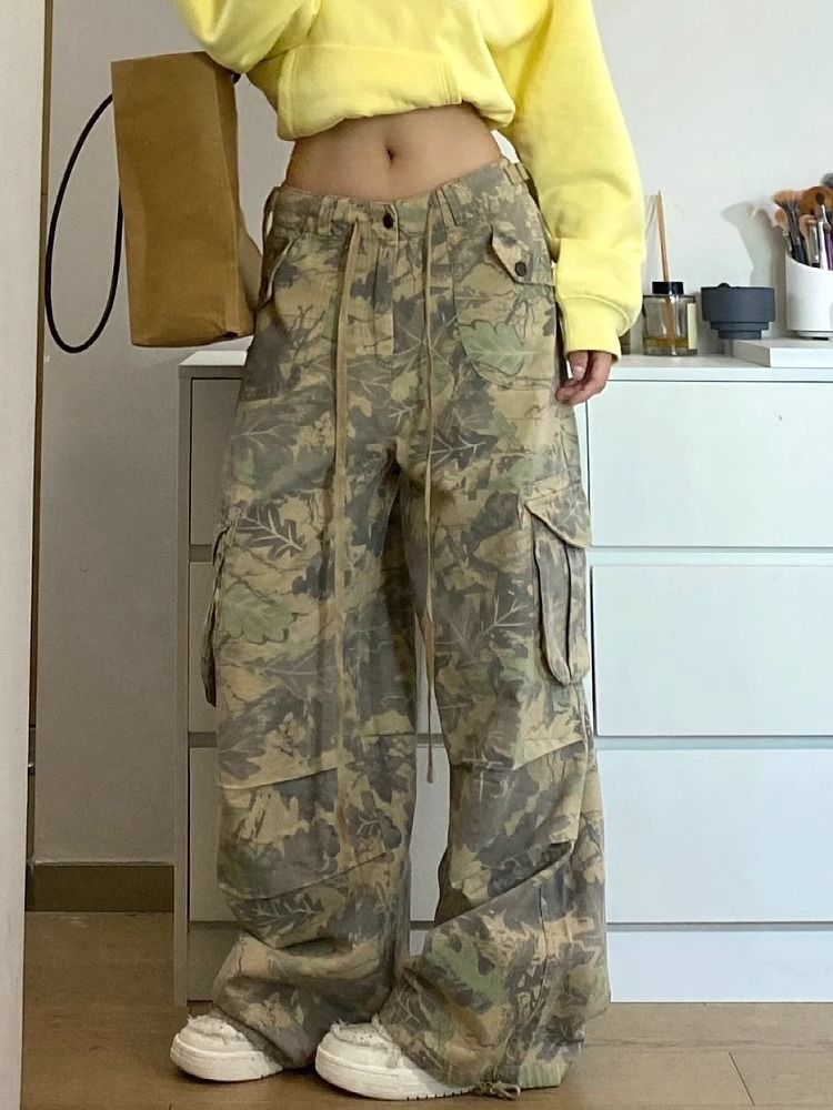 BXOXO Vintage Y2k Camouflage Cargo Pants Women Hip Hop Style Wide Leg Camo Pants Tie-dye Streetwear Grunge Aesthetic 90s Pants