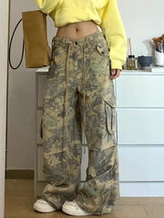 BXOXO Vintage Y2k Camouflage Cargo Pants Women Hip Hop Style Wide Leg Camo Pants Tie-dye Streetwear Grunge Aesthetic 90s Pants