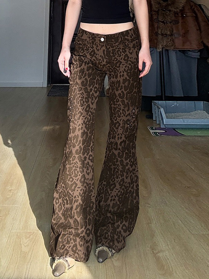 BXOXO - Vintage Leopard Print Multi-Pocket Flared Jeans