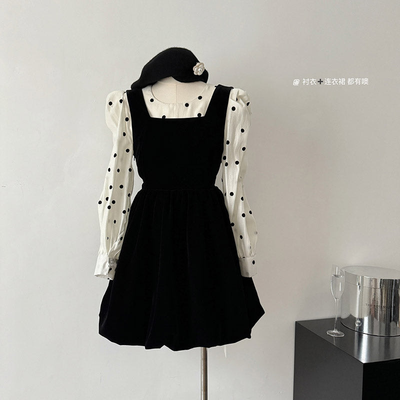 BXOXO - summer inspo Bow Velvet Short Dress+Round Necked Bubble Sleeved Polka Dot Shirt Fashion Two-piece Set Autumn and Winter New