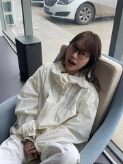 BXOXO Women's Windbreaker Beige Zipper Jackets 2024 Summer Casual Lightweight Transparent Hooded Jackets Loose Korean Fashion