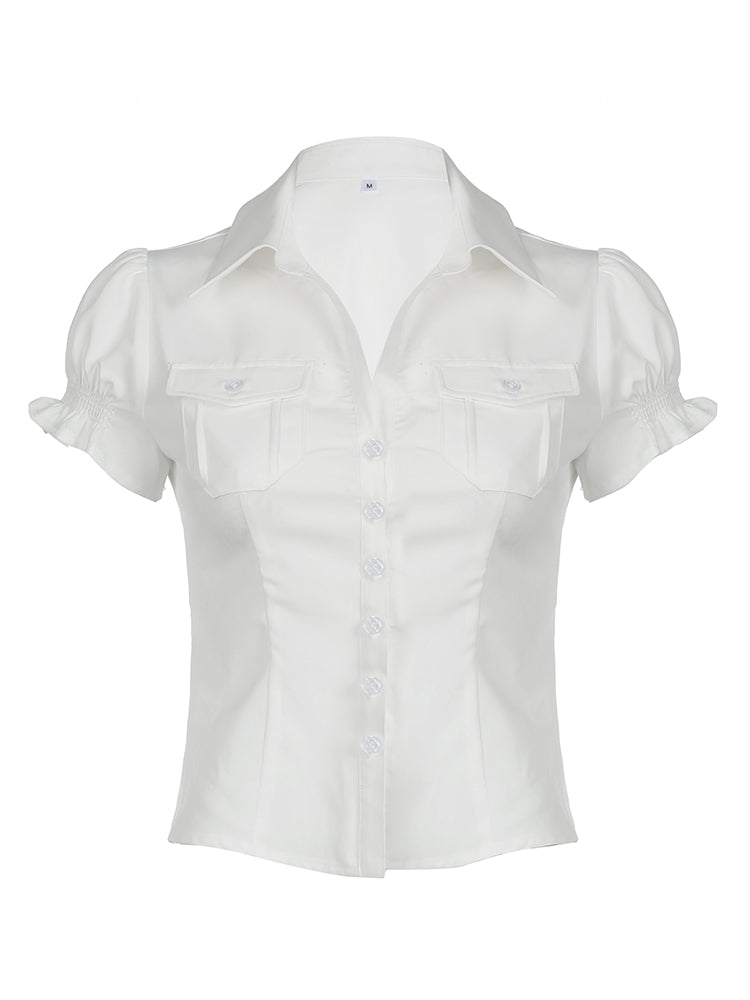 BXOXO - summer inspo Sweetown Single Breasted Puff Sleeve White Shirts For Women Button Turn Down Collar Pockets Simple Casual Safari Style Tops