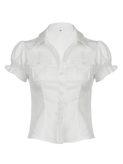 BXOXO - summer inspo Sweetown Single Breasted Puff Sleeve White Shirts For Women Button Turn Down Collar Pockets Simple Casual Safari Style Tops