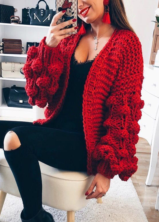 black jeans outfit fall Autumn and Winter Three-Dimensional Ball Hand Cardigan Lantern Sleeve Lazy Loose Sweater Coat for Women