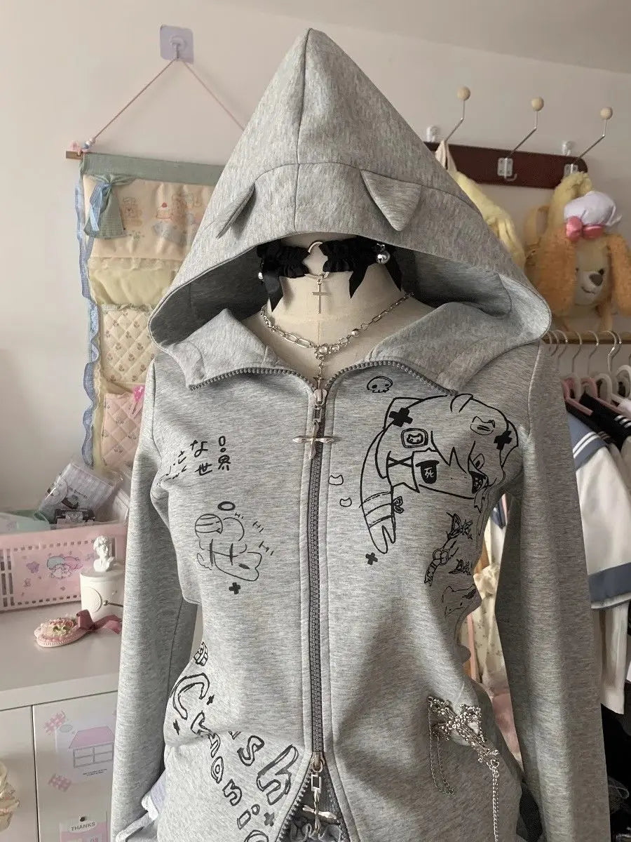 BXOXO Kawaii Hoodie Winte Clothes Vintage 2000s Hoodies Zip Up Hoody Cute Korea Slim Streetwear Sweet Girl Sweatshirts Cat Y2k Tops