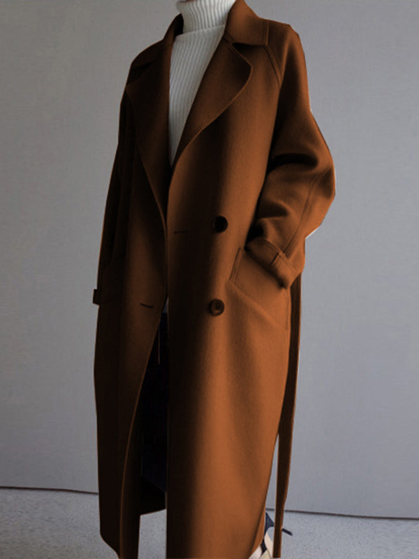 BXOXO Urban Loose Solid Color Belted Woolen Coat
