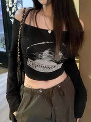 BXOXO Y2K Off Shoulder Long Sleeve Slim Crop Graphic Print T-shirt - Women's Clothing