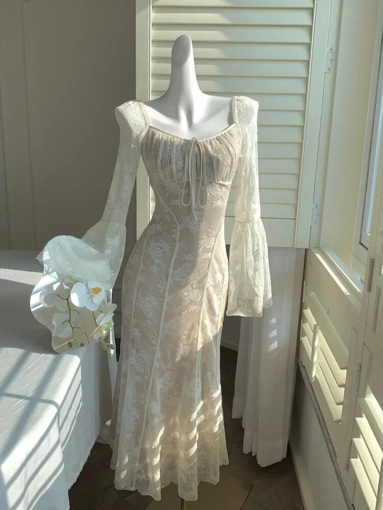 BXOXO party look inspos French Vintage Wedding Party Midi Dresses for Women 2025 Autumn Winter Elegant Slim Flare Sleeve Mermaid Lace Female Clothing