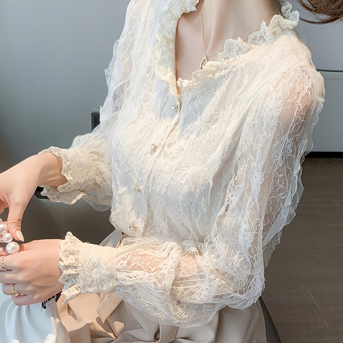 BXOXO Long Sleeve Elegant Lace Cardigan - Floral Patterns, Ruffle Detail, Machine Washable V-Neck - Ideal for Spring & Autumn Fashion