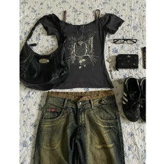 BXOXO 90s Vintage Clothes Women Tshirts Punk Sexy Short Sleeve Casaul Summer Streetwear Hotgirl T Shirt Gothic Slim Tee Femme Crop Top