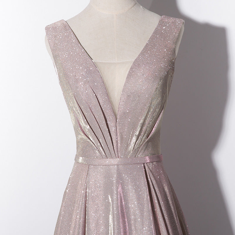 pink dress Evening Dress for Women 2024 Summer New Fashion Elegant Slimming Long V-neck Banquet Host Simple Elegant Dress