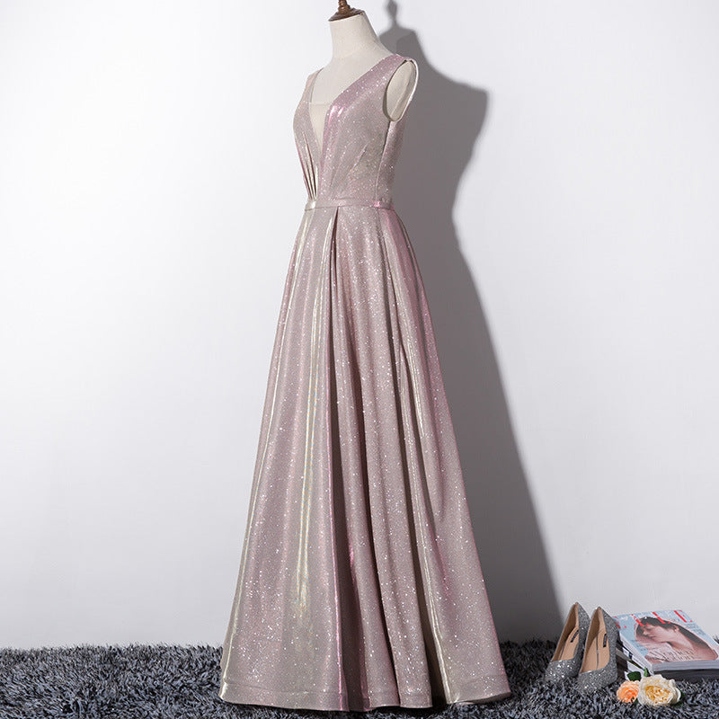 pink dress Evening Dress for Women 2024 Summer New Fashion Elegant Slimming Long V-neck Banquet Host Simple Elegant Dress