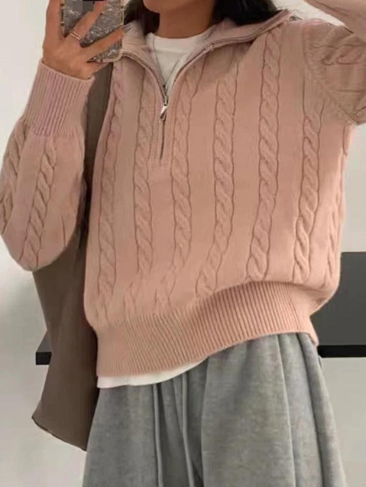 Vintage Lapel Neck Cable Knit Sweater