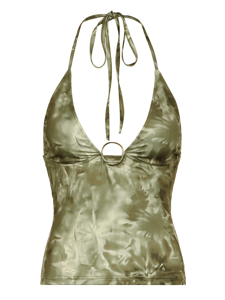 BXOXO - summer inspo Retro Forest Green Tie Dye Print Summer Boho Camisole Seeveless Backless Tie Halter V Neck Sexy Crop Top Women Vacation Shirts