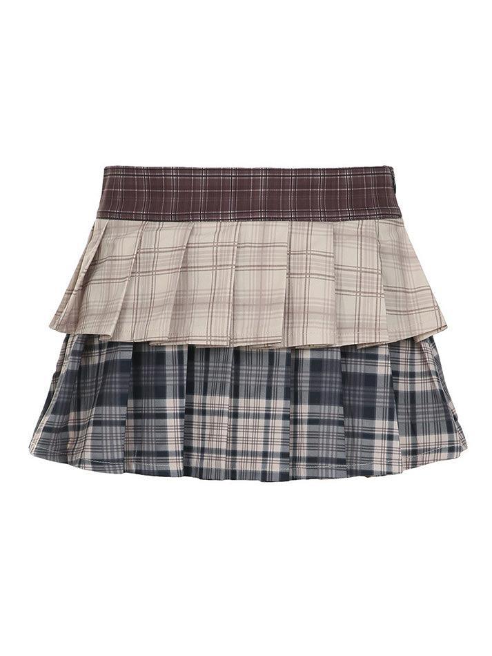 BXOXO - Vintage Contrast Plaid Double-Layer Pleated Skirt