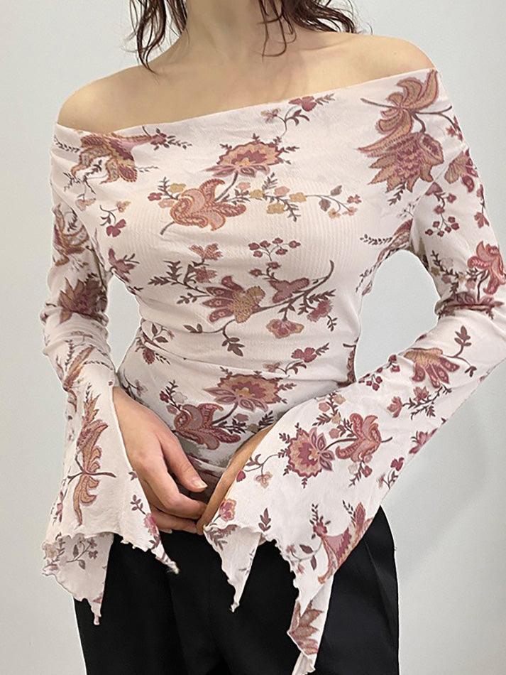 BXOXO - Off-Shoulder Floral Print Bell Sleeve Top