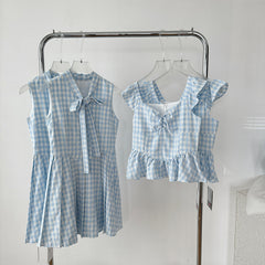 BXOXO - summer inspo French Style Blue Checkered Vacation Style Small Flying Sleeve Dress Summer Chic Design Sleeveless Dress