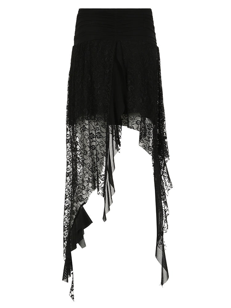 BXOXO - summer inspo Black Solid Goth Lace Midi Skirts Womens Asymmetrical Hem Chic Fashion Vacation Boho Outfits