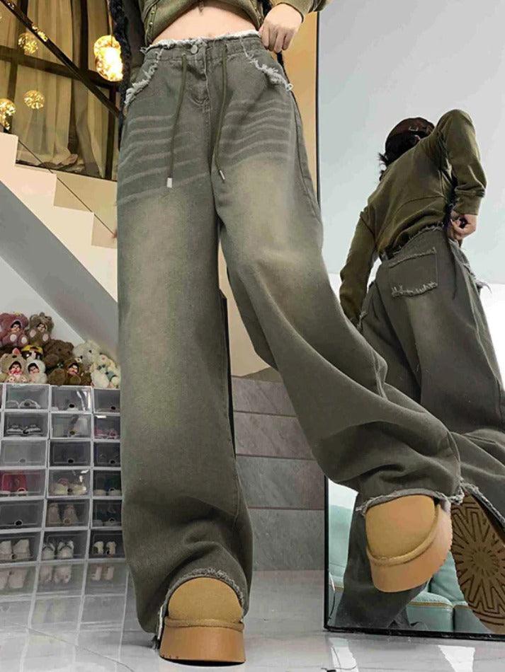 Vintage Wash Drawstring Raw Trim Boyfriend Jeans