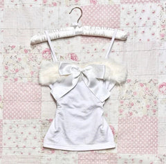 BXOXO Aesthetic Y2k Crop Top 2000s Vintage Women T shirt Bow Sweet Harajuku Cute Girl Slim Camis Fur Kawaii Grunge Clothes Tank Tops