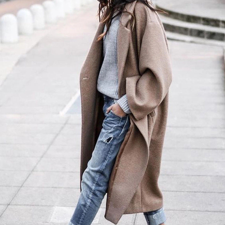 casual fall outfits Coat Autumn and Winter Women's Casual Long Solid Color Warm Woolen Coat