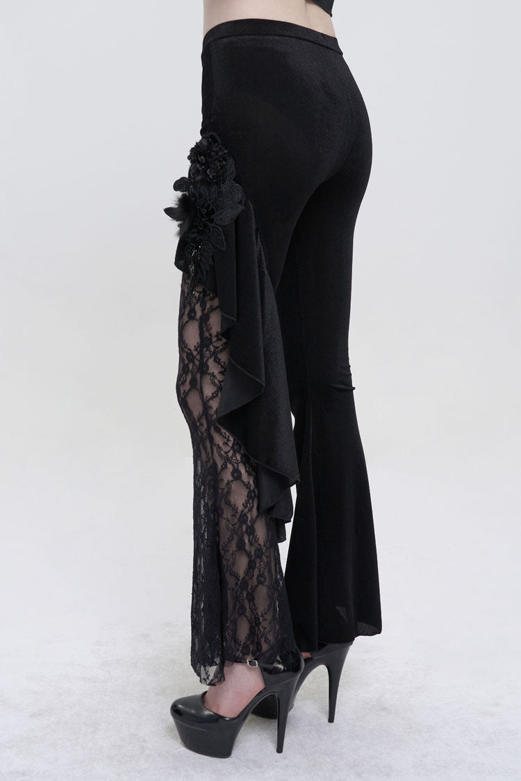 BXOXO Black Velvet Single Side Stitching Rose Net Side Rope Decoration Asymmetric Pattern Flare Women's Gothic Pants