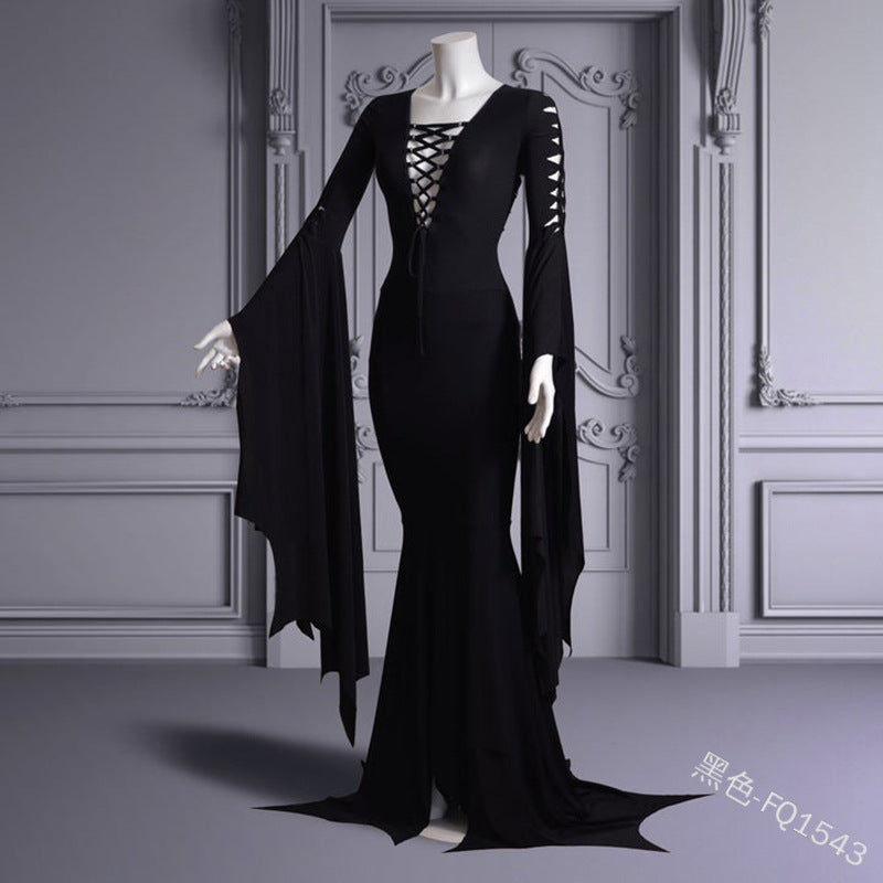 witch dress to impress Women's Bell Sleeve Lace-up V-neck Sexy Stage Wear Fishtail Skirt Dress