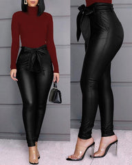 business casual women outfits chic Women's Fashion Casual Pu Pants Leather Pants (Including Belt)