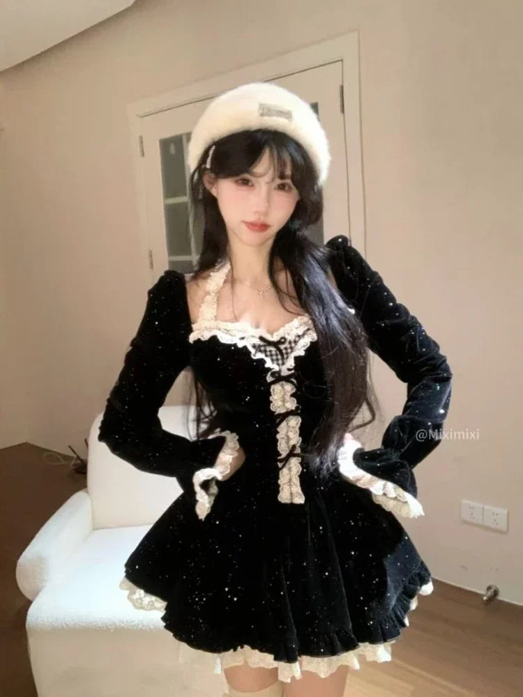 BXOXO Autumn French Sweet Elegant Velvet Short Dress Women Red Design Bow Lace Party Dress Christmas New Year Chic Holiday Clothing