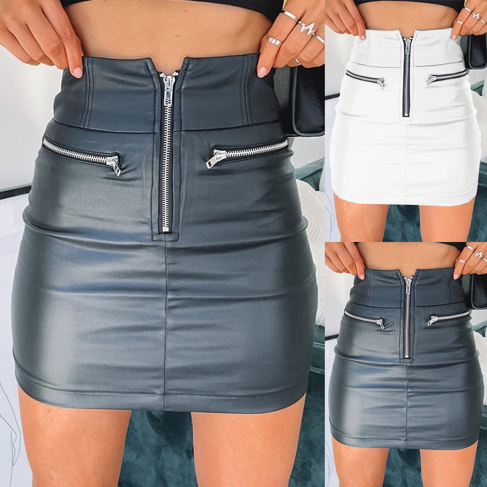 Women's Leather Skirt Sexy Zipper Stitching Hip Skirt Skirt Autumn and Winter