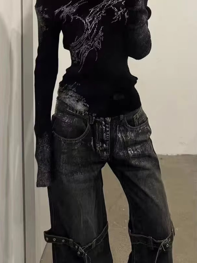 BXOXO Y2K Gothic Women Jeans Grunge Hip Hop Harajuku Black Denim Trousers Female Vintage Streetwear Punk High Waist Denim Pant