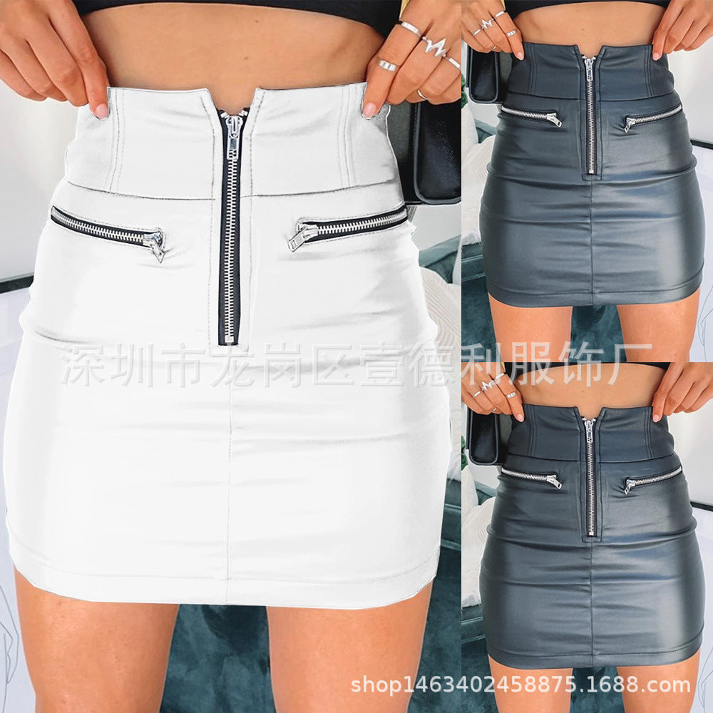 Women's Leather Skirt Sexy Zipper Stitching Hip Skirt Skirt Autumn and Winter