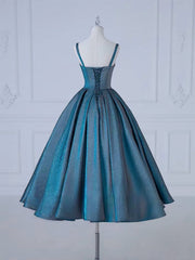 BXOXO A-Line Sweetheart Neck Satin Tea Length Blue Prom Dress, Blue Formal Dress