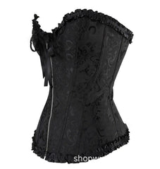 Vintage Print Frill Trim Zip Up Tie Front Corset Top