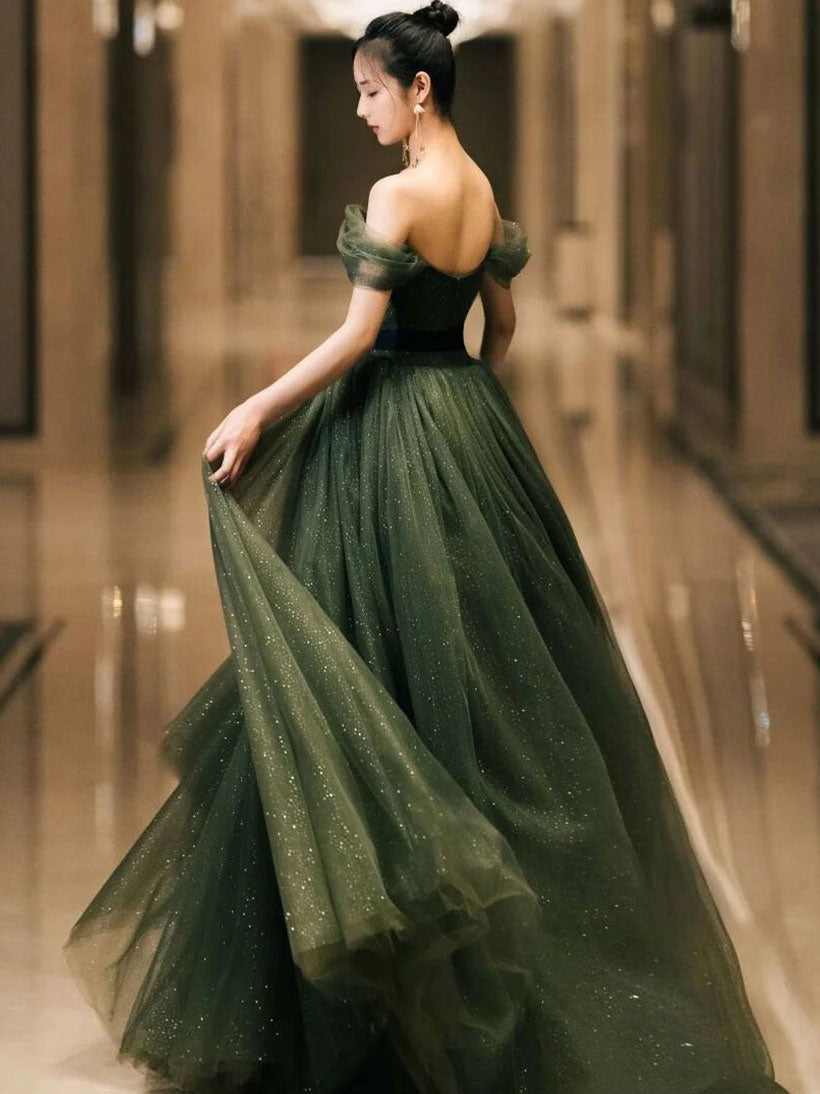 BXOXO Simple Green Sweetheart Tulle Long Prom Dress, Green Formal Dresses
