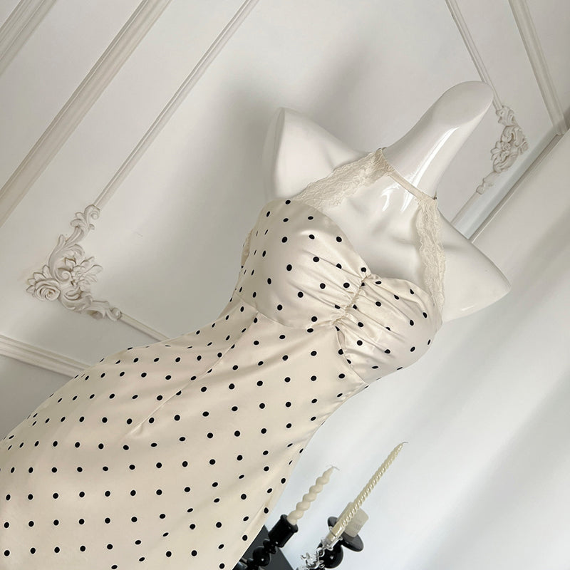 BXOXO - summer inspo Halter Polka Dot Dress Women Summer Gentle Style Sleeveless Sweet Slim Dress Fashion Lace Patchwork A-line Dress