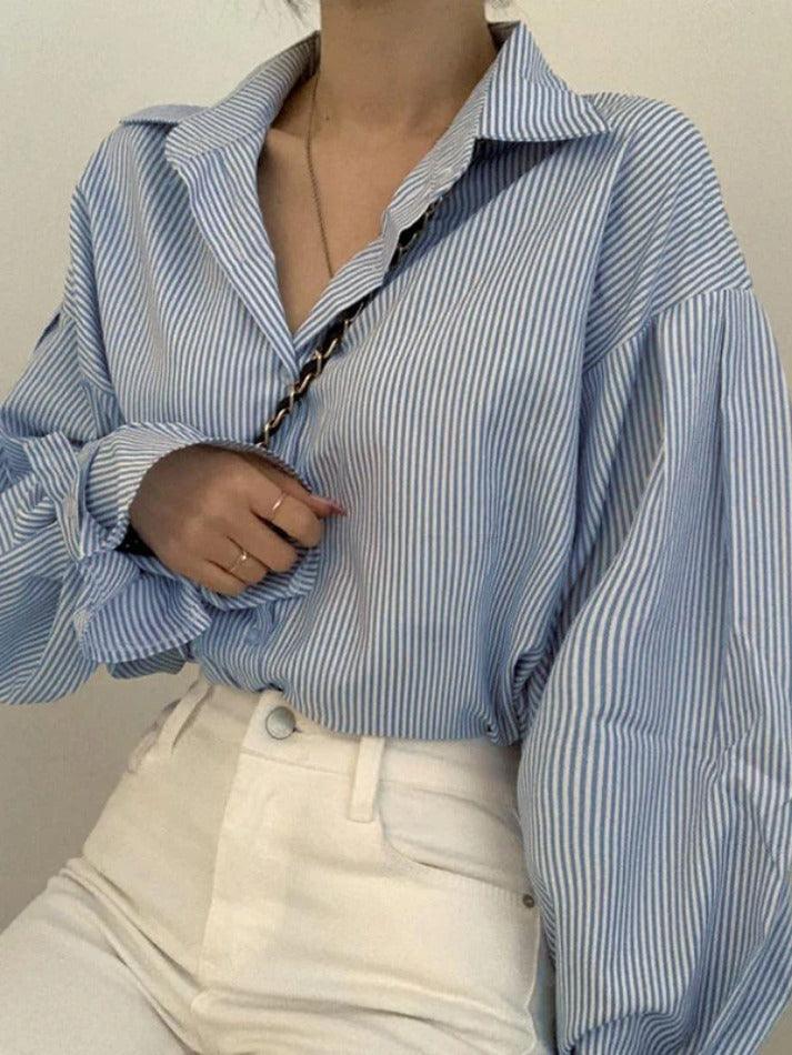 Stripe Lantern Sleeve Long Sleeve Blouse